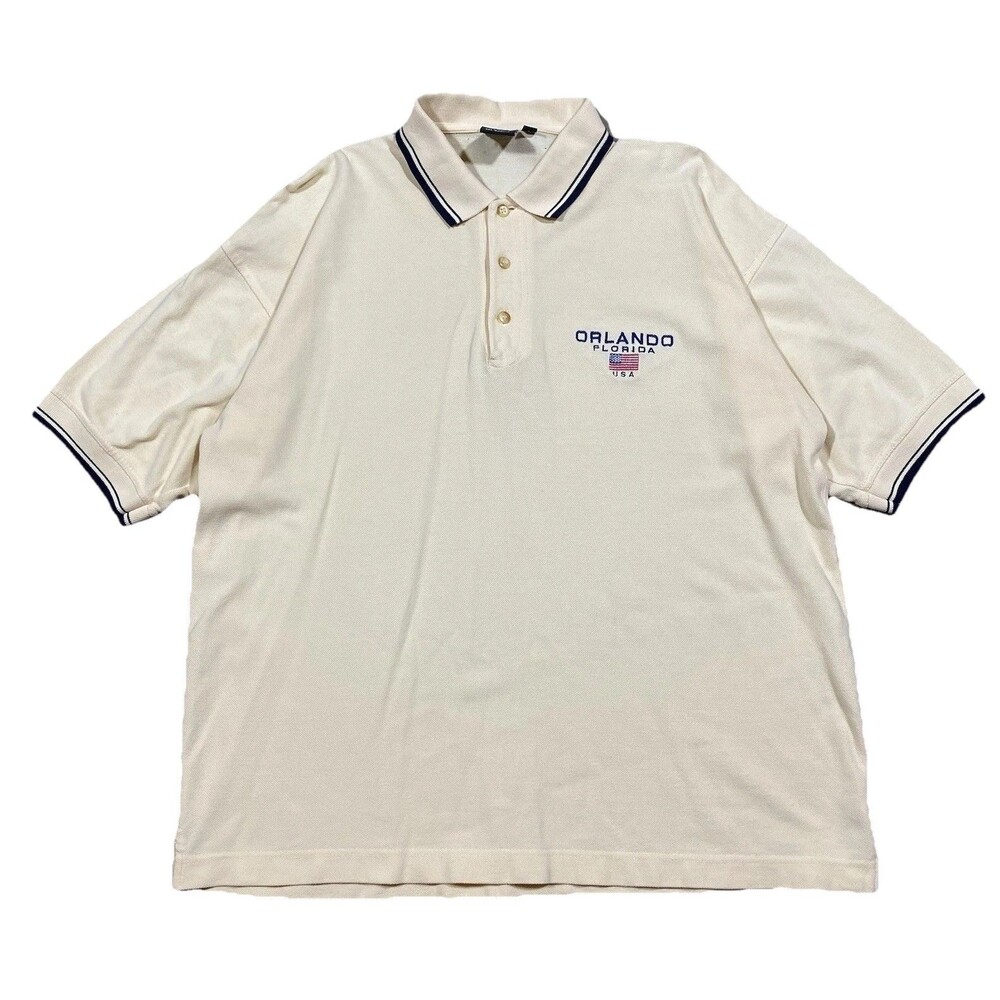 Orlando Florida USA Polo Shirt Beige Embroidered Flag Retro L